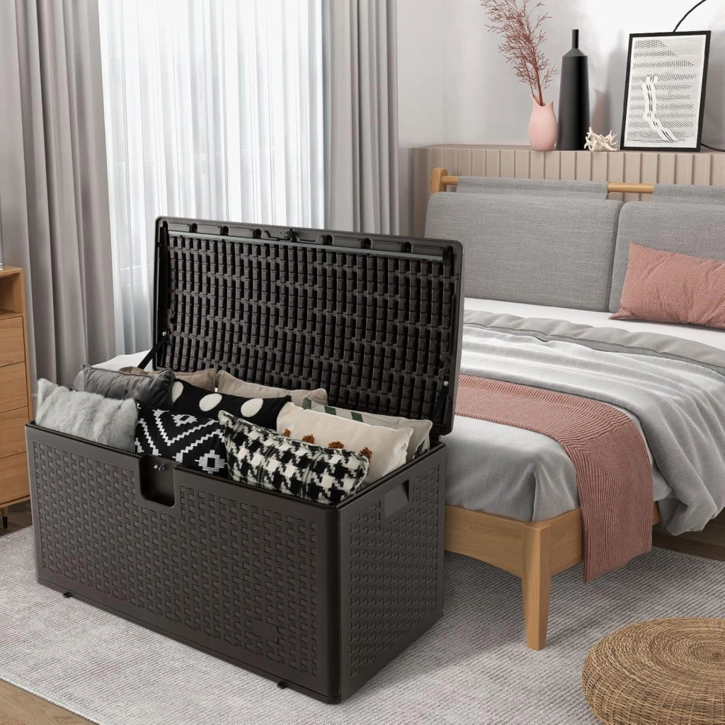 Cassapanca Per Esterni in Metallo e PE Rattan, Contenitore Impermeabile da 276 L, con Chiusura a Chiave, 114 x 54 x 56 cm, Marrone