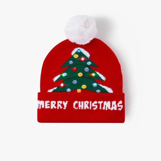 Cappello di lana con luci LED, cappello illuminato di Natale con palla di neve e renna, cappello di Natale autunno/inverno (albero di Natale rosso).