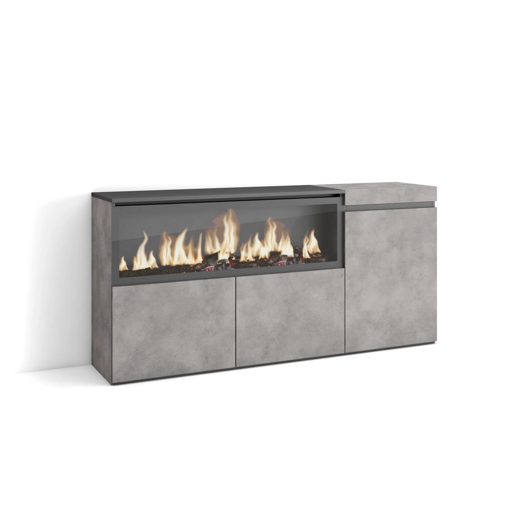 Credenza, Mobile, 158x35x75cm, 3 Porte, Camino elettrico XXL, grigio cemento RF3286
