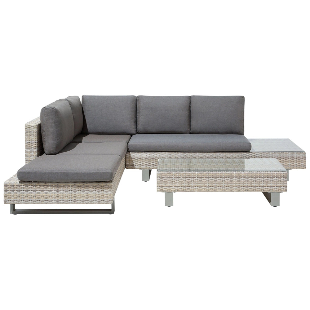 Divano ad angolo Set da giardino Cuscini grigi Beige 5 posti in rattan sintetico con tavolino da caffè