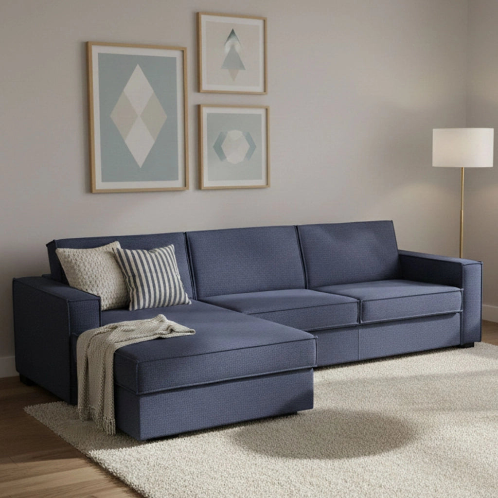 Albenga, Divano Letto con Penisola Sfoderabile Made in Italy, 260x95 cm blu