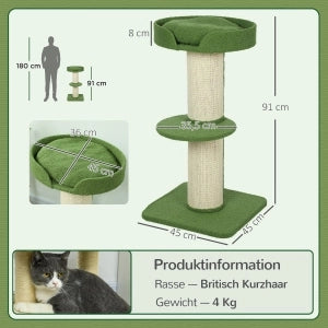 Albero tiragraffi per gatti 91 cm con piattaforma e cuccia, verde