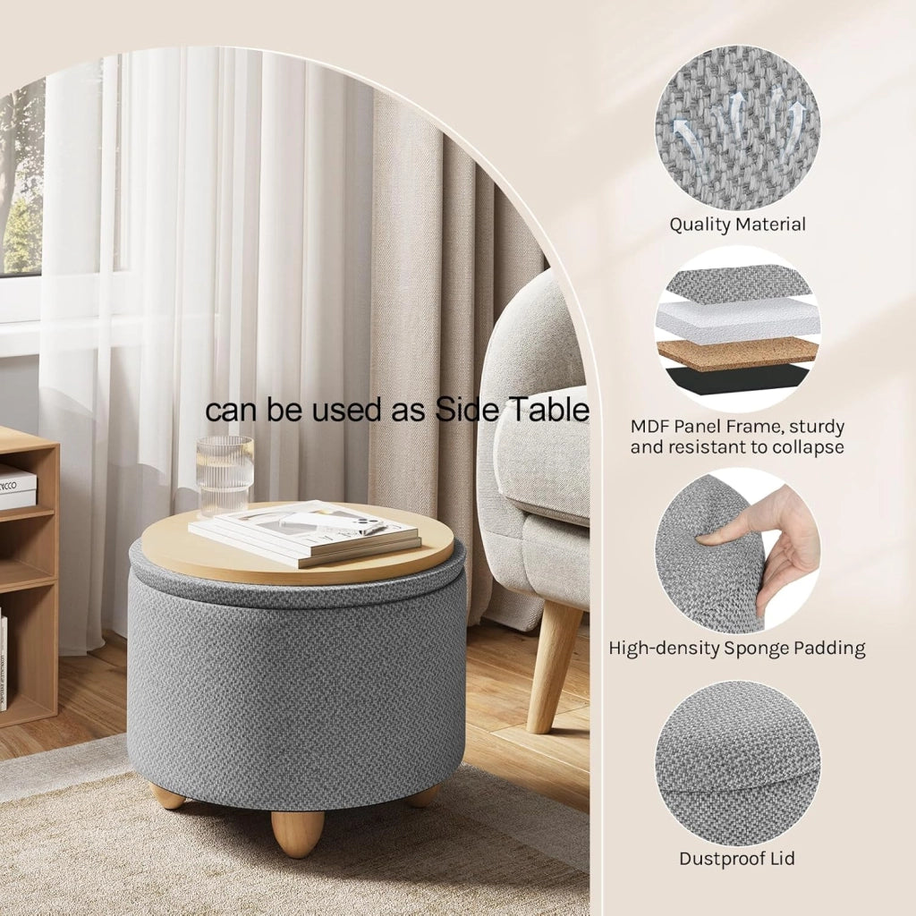 Pouf Contenitore con Coperchio, Pouf Poggiapiedi in Lino Grosso, Sgabello Tondo Salvaspazio con Gambe in Legno di Pino per Soggiorno, Corriodio, Camera, Ø 39x33 cm, Grigio Chiaro