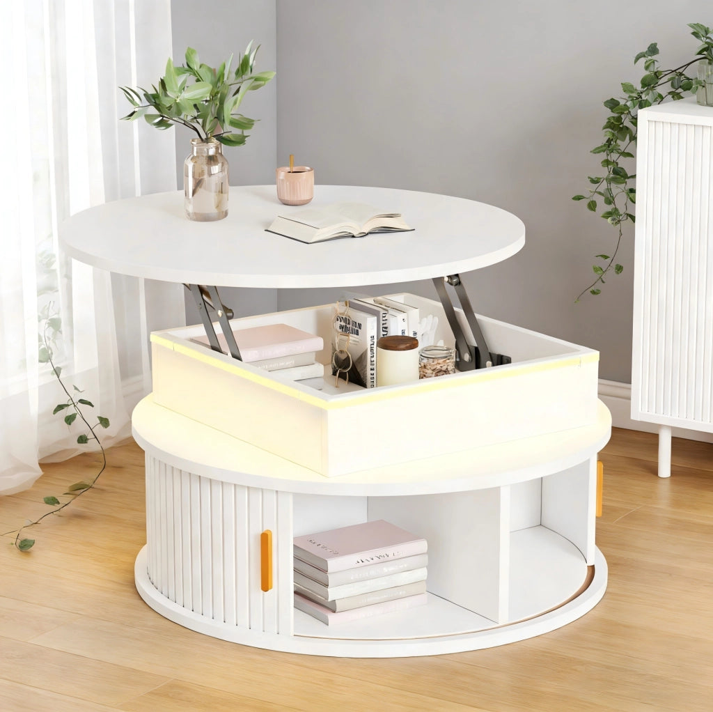 Tavolino rotondo elevabile Ø75 cm con LED e vano contenitore