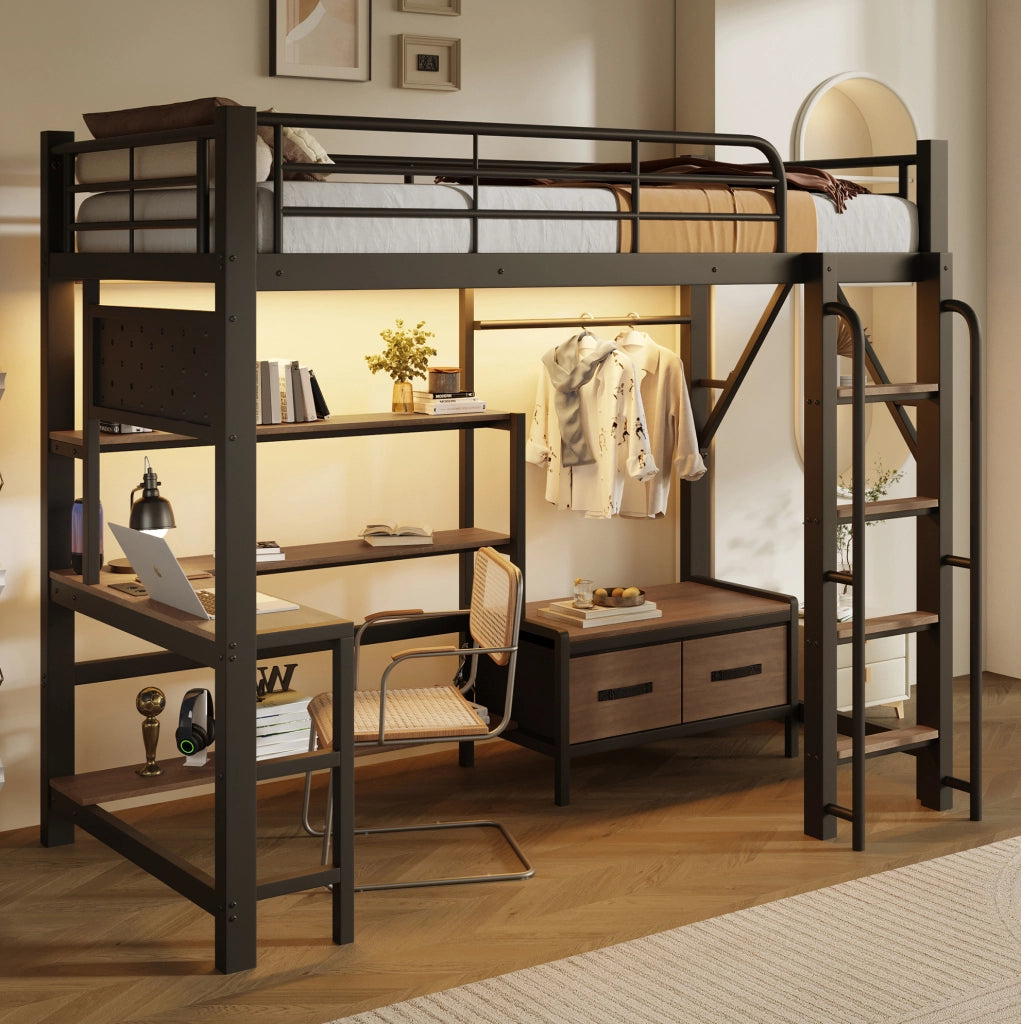 Letto a soppalco 90x200 cm con scrivania; ripiani; LED e USB; nero