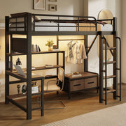 Letto a soppalco 90x200 cm con scrivania; ripiani; LED e USB; nero