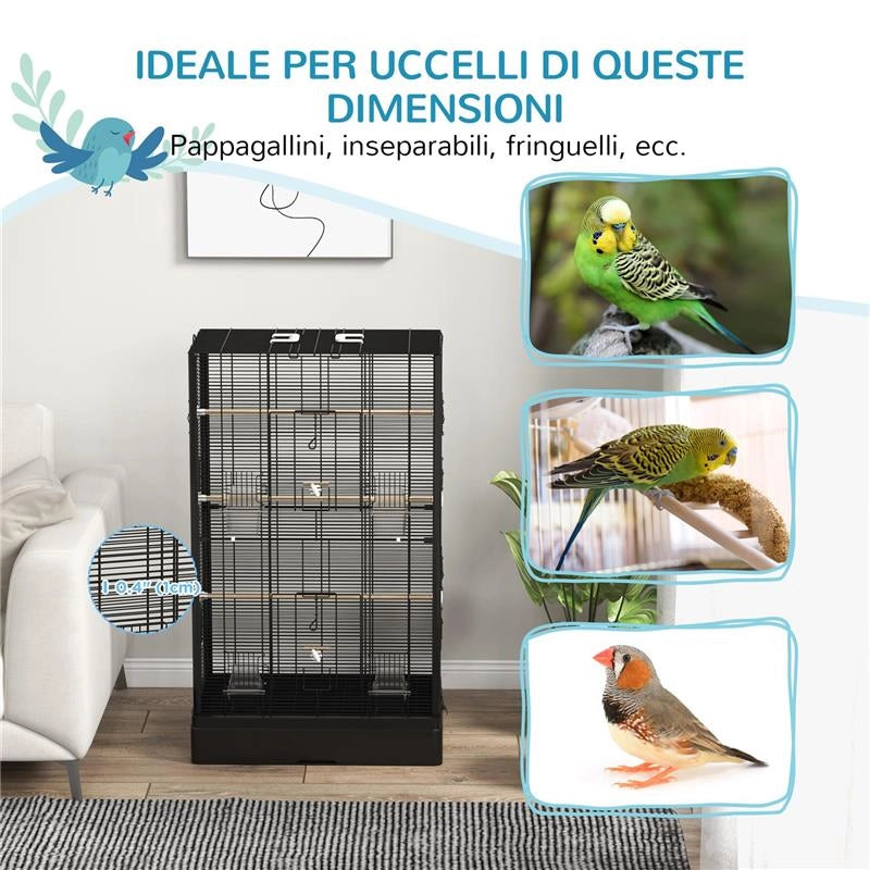 GABBIA PER UCCELLI CON VASSOIO ESTRAIBILE E POSATOI, VOLIERA PER PAPPAGALLI, 61X36.5X98CM, NERO