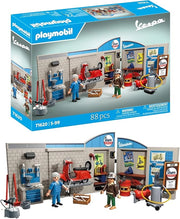 PLAYMOBIL Cars 71620 Garage Vespa Anni `60, comprensiva di Piattaforma di Sollevamento Mobile, con Accessori per un`aute