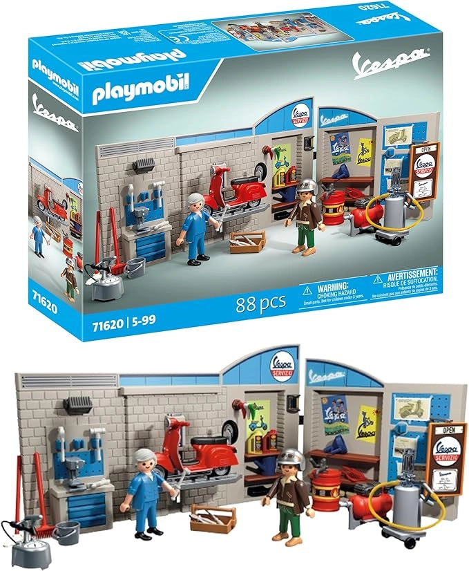 PLAYMOBIL Cars 71620 Garage Vespa Anni `60, comprensiva di Piattaforma di Sollevamento Mobile, con Accessori per un`aute