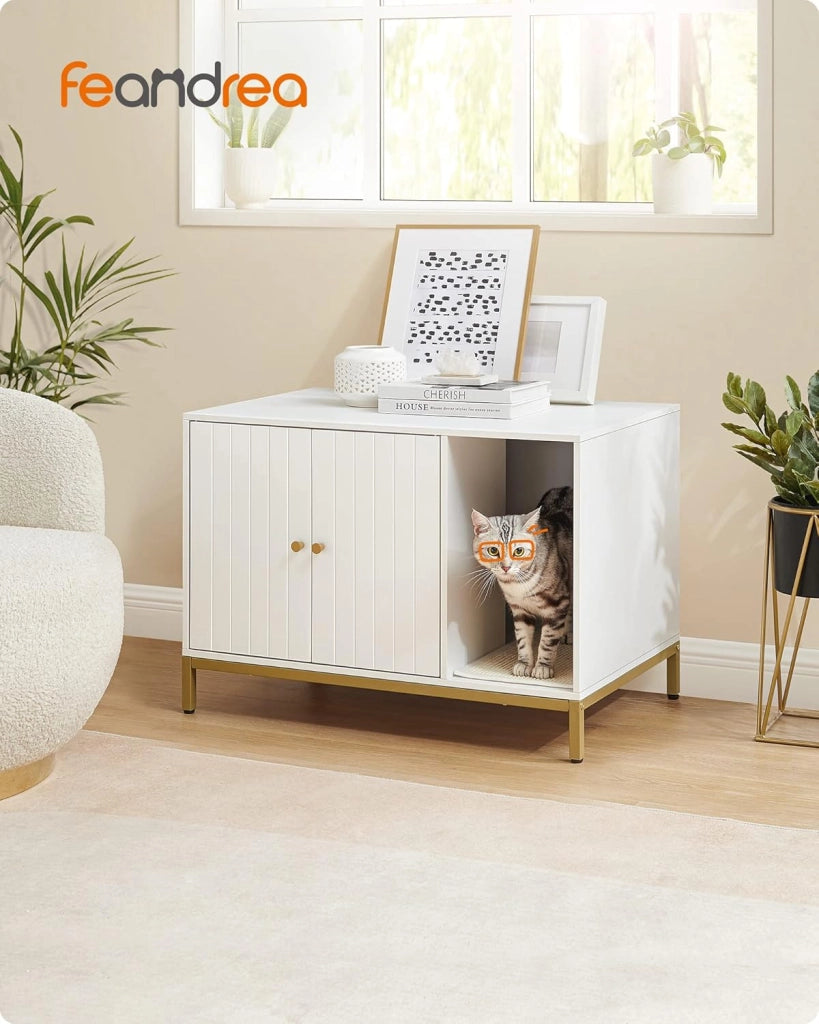 Feandrea Mobile Lettiera per gatti Casa del WC per gatti con tappetino raschiante, piedi alti, tavolino, 80 x 50 x 55 cm, bianco e oro PCL007W01