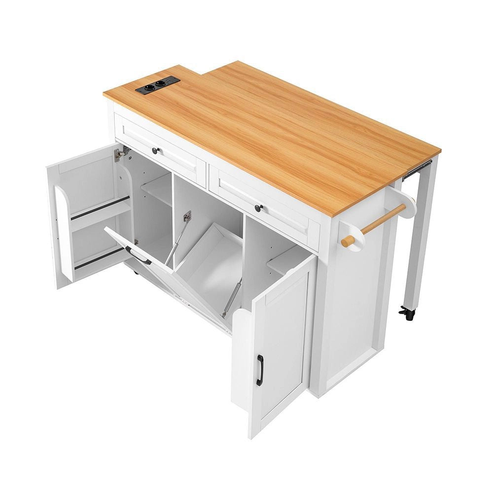 Isola cucina mobile - Xylo - Estendibile con piano lavoro, vano rifiuti e multipresa, ideale per cucina e sala da pranzo (Bianco)