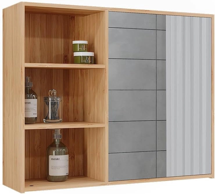 Specchio contenitore bagno Lucie, Bambù, 74 x 60 cm con 3 scomparti aperti, adatto per la conservazione salvaspazio di accessori da bagno