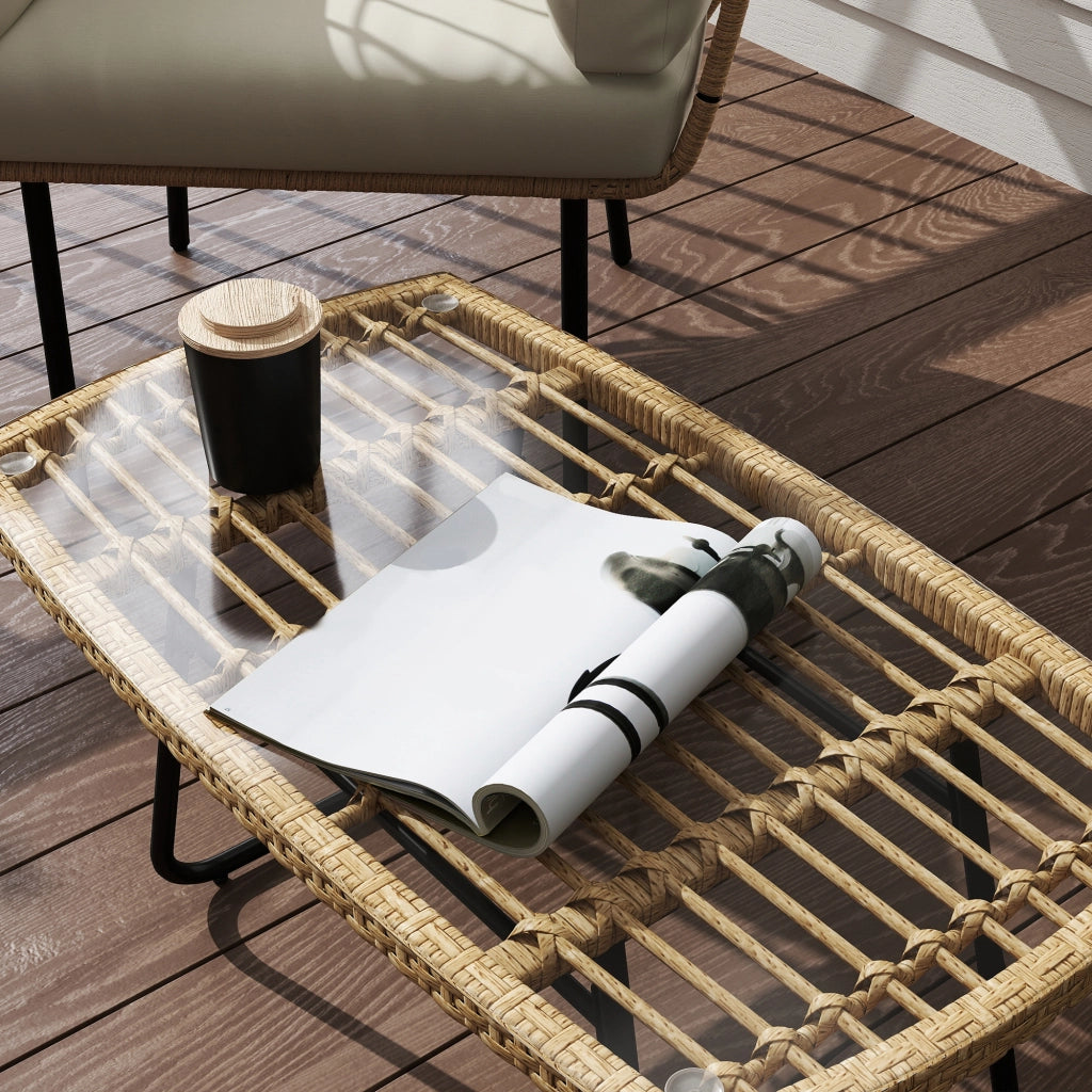 Tavolino da giardino in polirattan; 90 x 50 x 45 cm; tavolino laterale resistente ai raggi UV con piano in vetro; legno naturale