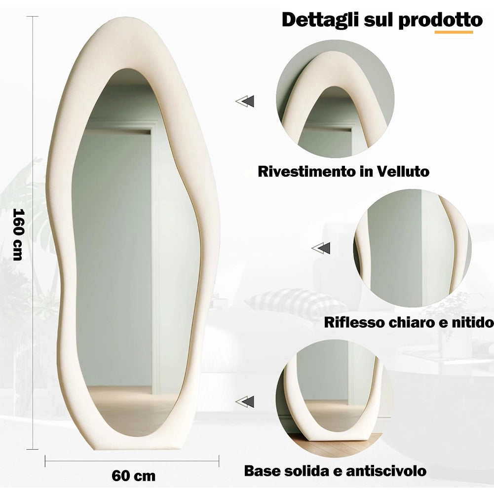 Specchio Grande Ondulato con Cornice Rivestimento in Velluto Bianco 60 x 160 cm