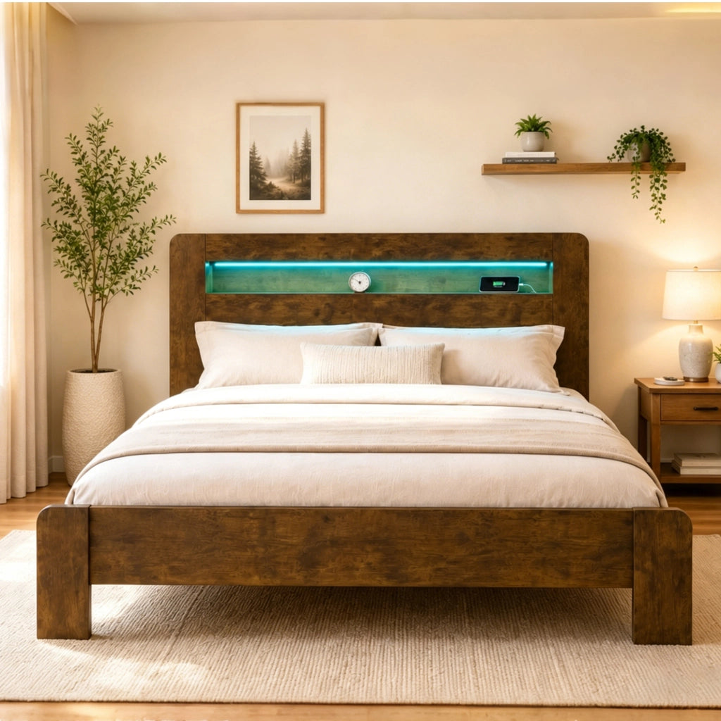 Letto con testiera matrimoniale 180×200 cm con ripiani; LED e prese; senza materasso; legno; vintage