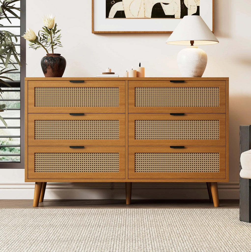 Cassettiera 120x76.5x40 cm con 6 cassetti; design retrò in truciolare; noce