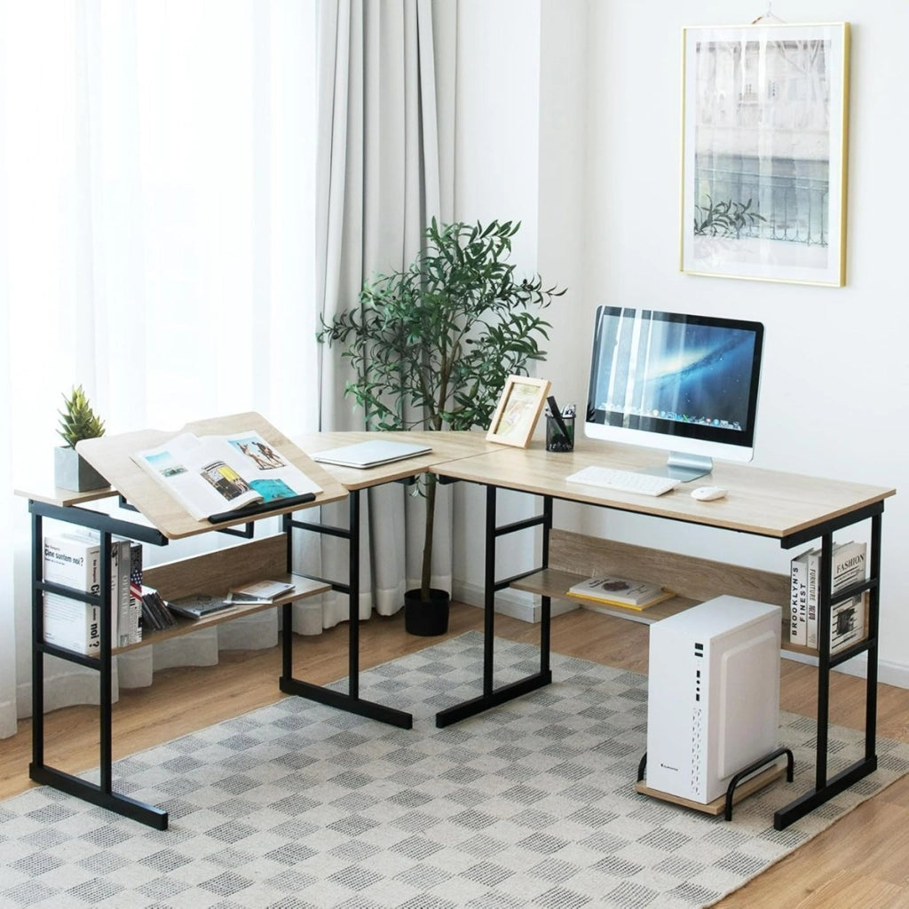 Scrittoio per computer ad angolo moderno a forma di L di 170 CM, Postazione di lavoro per ufficio domestico Naturale-Scrivanie