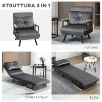 Poltrona Letto 3 in 1 con Schienale Reclinabile in 5 Posizioni e Cuscino, 63x73x81 cm, Grigio Scuro