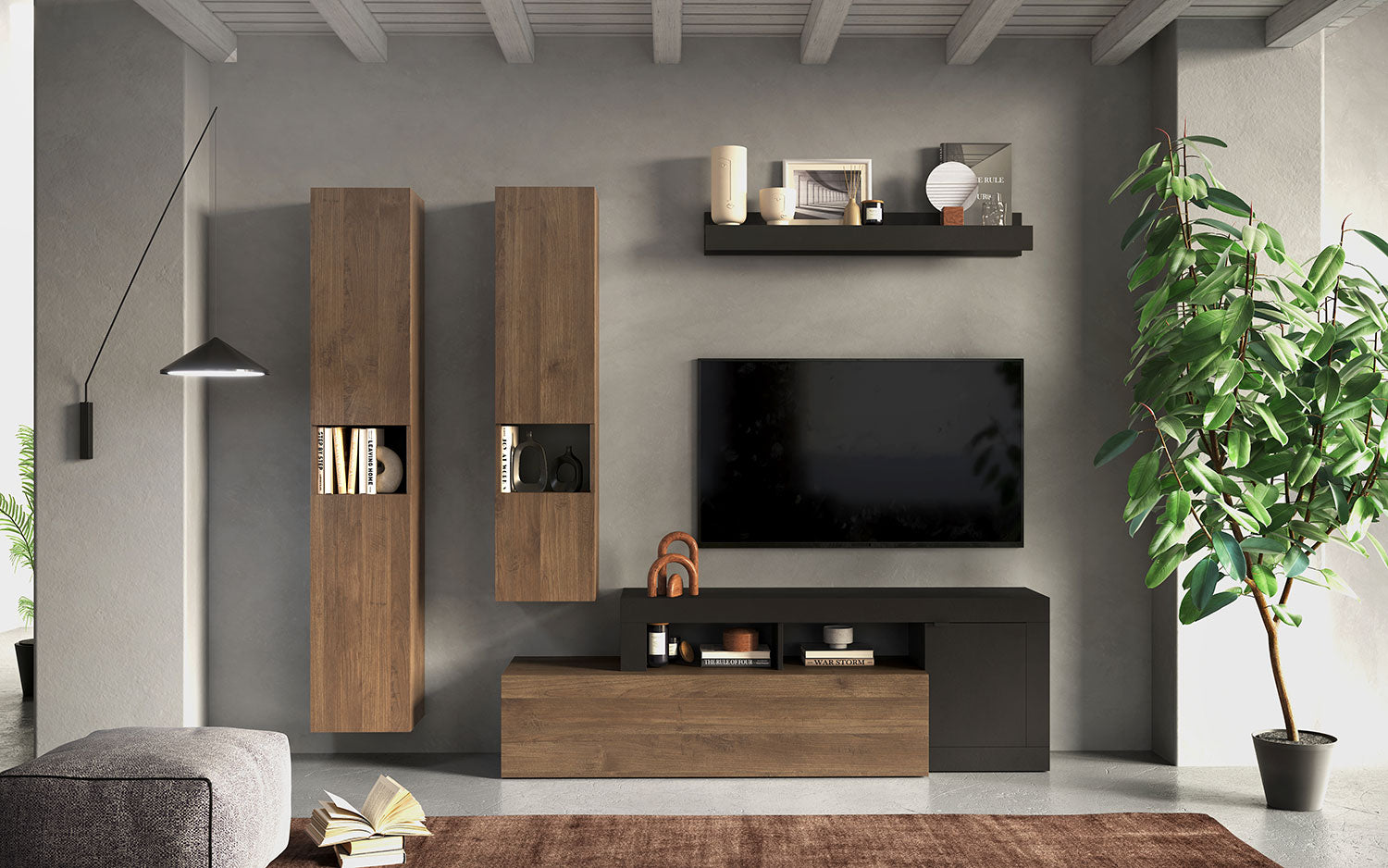 Parete Attrezzata Design Contemporaneo 245x35x195 cm Freedom Modello L 245 Lava e Noce Mercure