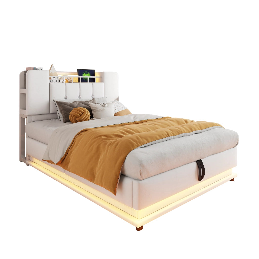 OKWISH Letto Bambino 90×200 cm, Letto Singolo con Contenitore Idraulico, LED e USB, senza Materasso, Imbottito in Tessuto, Beige
