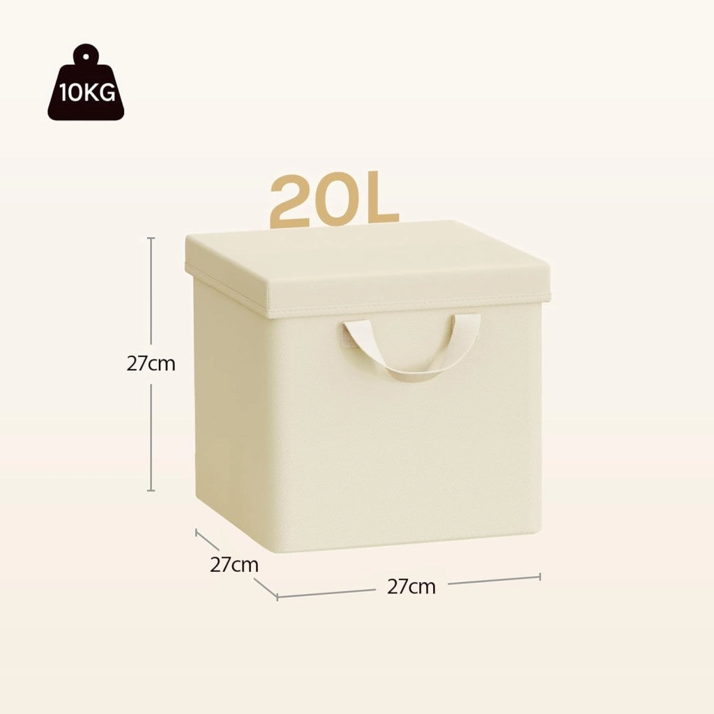 Scatole Contenitori Pieghevoli Set di 10, Cubi in Tessuto con Manico, Coperchio e Struttura in Metallo, Organizer per Armadio e Scaffale, Crema, 27x27x27cm