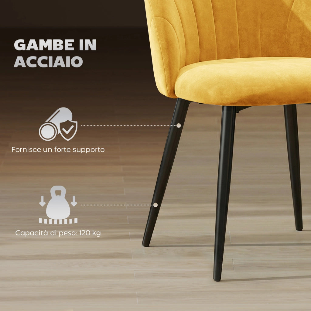 Set 2 Sedie da Pranzo Imbottite con Schienale in Velluto ¨C Minimal ¨C 52x55x79 cm Giallo