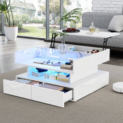Tavolino basso sollevabile a quadrato con LED, 2 cassetti e piano in vetro temperato, bianco, 80 × 80 × 45 cm