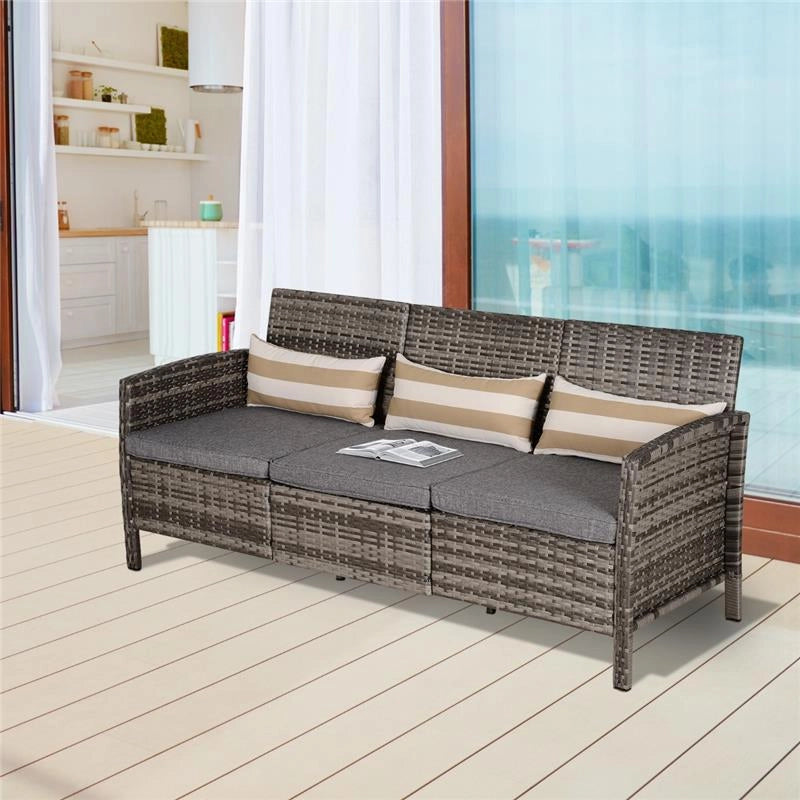 DIVANO 3 POSTI DA ESTERNI IN PE RATTAN CON CUSCINI A RIGHE GRIGIO 173X68X78CM