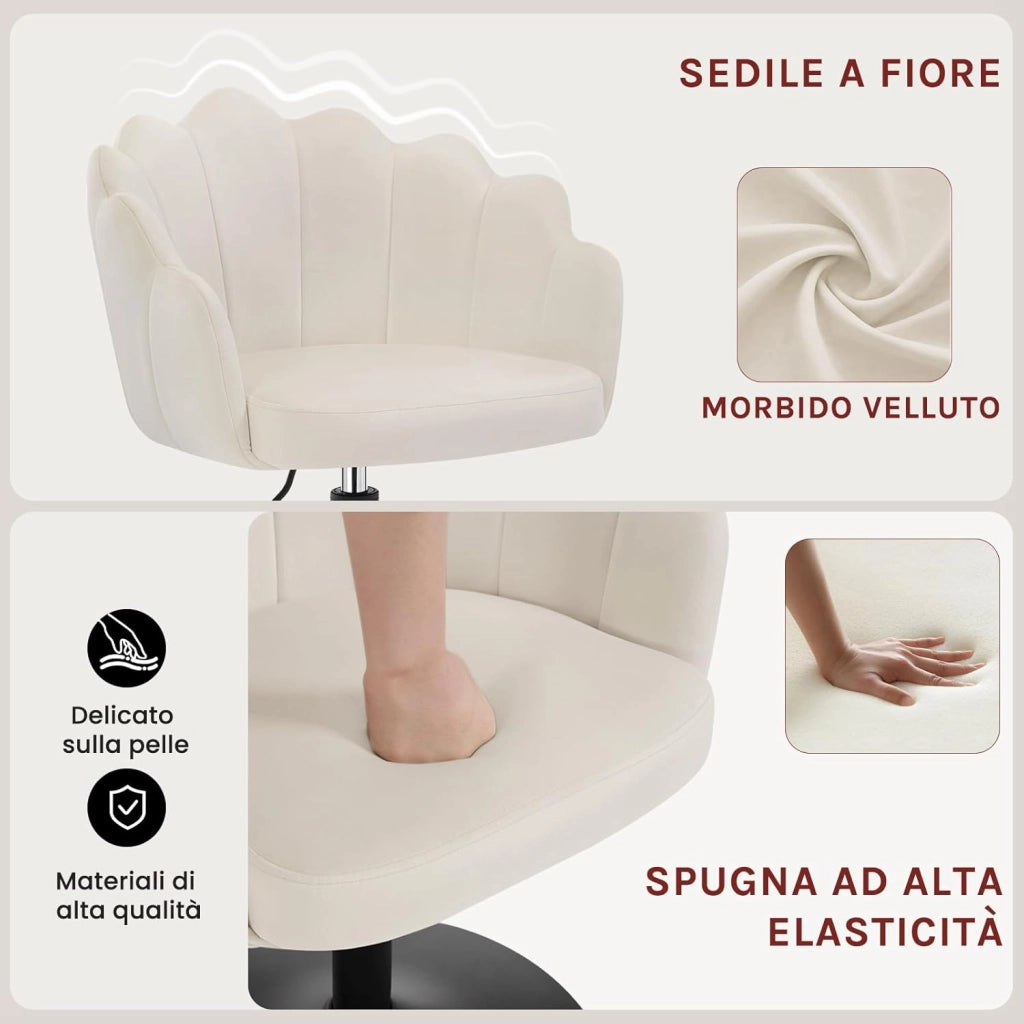 Sedia da Trucco, Poltrona Girevole in Velluto, Regolabile in Altezza per Camera da Letto, Soggiorno, Crema