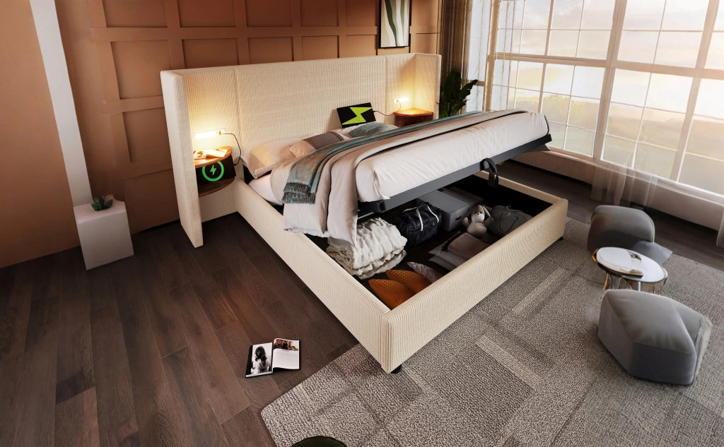 DESMIU Letto Matrimoniale 180 × 200 cm con vano contenitore, ripiani, luce lettura, USB e Type-C, senza materasso