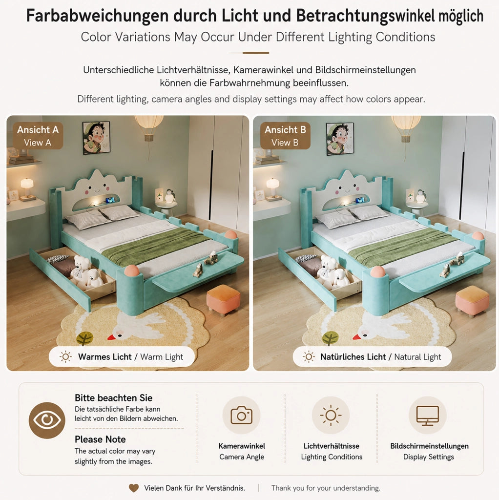Letto imbottito per bambini con lampada LED e USB, contenitore e schienale a forma di nuvola