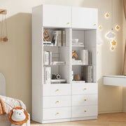 Vetrina alta bianca con ante, ripiani in vetro regolabili e 3 cassetti, set da 2, 100×40×180 cm