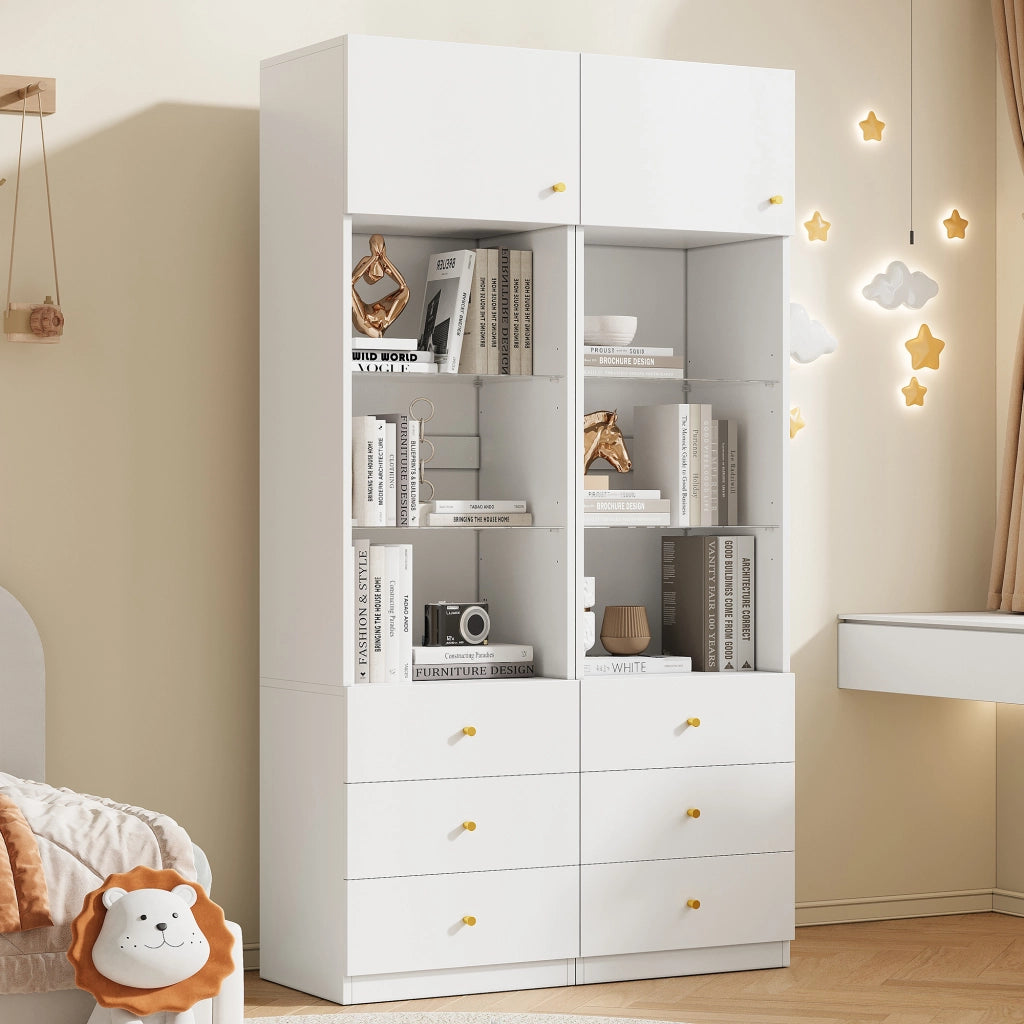 Vetrina alta bianca con ante, ripiani in vetro regolabili e 3 cassetti, set da 2, 100×40×180 cm