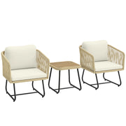 Set da bistrot in rattan 3 pezzi Set di mobili da giardino FSC con 2 poltrone; tavolo in legno a lamella; cuscini spessi lavabili Struttura in acciaio