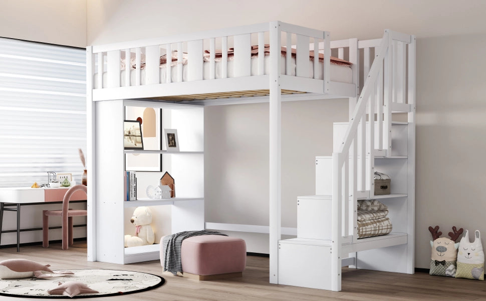 DESMIU Letto a soppalco letto singolo 1 posto con scala contenitore e 3 ripiani, 90 × 200 cm, senza materasso