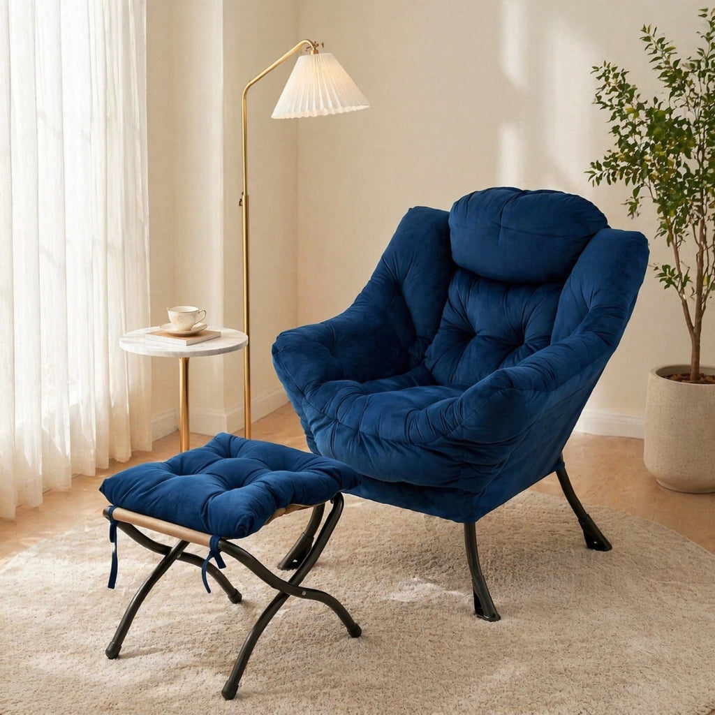 Poltrona relax con poggiapiedi blu scuro, tasca laterale e braccioli