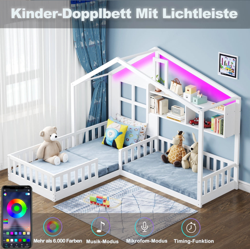 Letto per bambini a casetta con LED; mensole e sponde di sicurezza; 90x200 cm; bianco