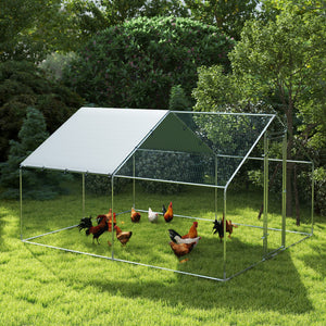 Recinto per Galline da 10 mq 300x340x190 cm per 10-15 Galline con Tetto Impermeabile in Acciaio e Tessuto Argento