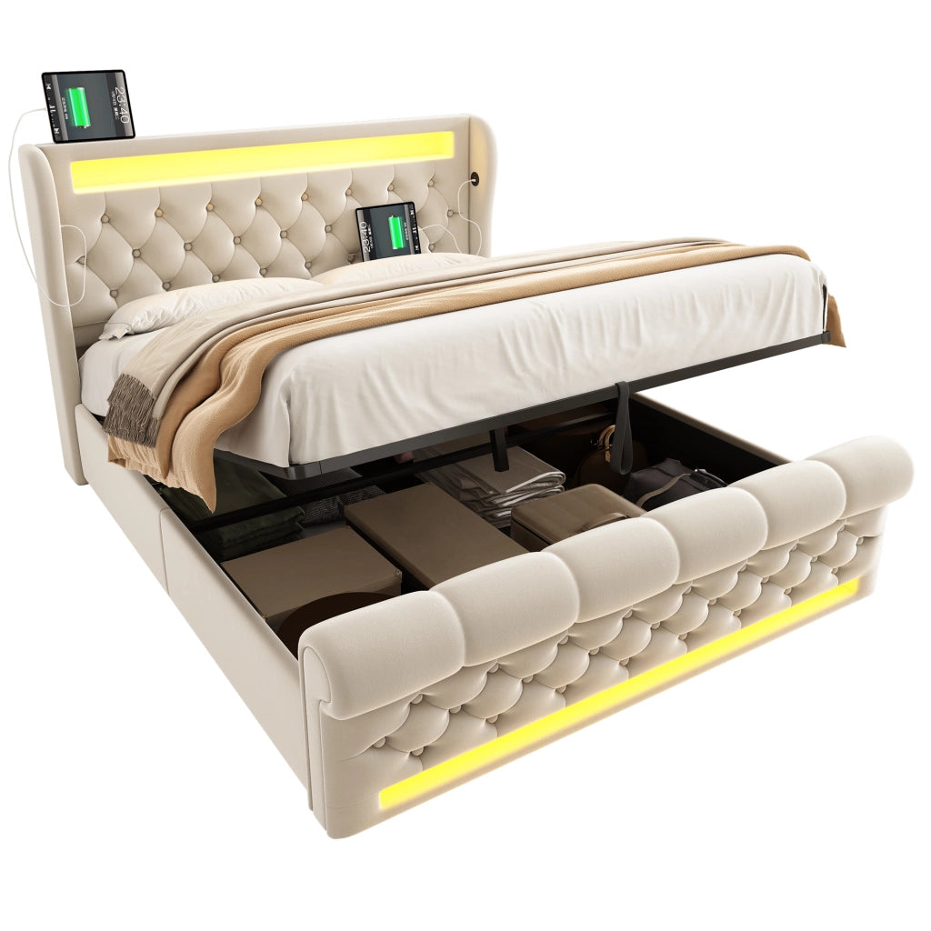 Letto matrimoniale 140x190 cm in velluto beige con LED; contenitore idraulico e ricarica USB Type-C