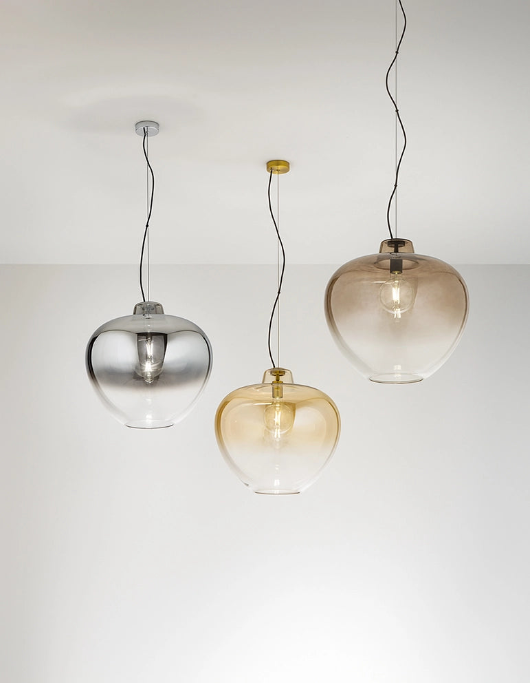 Sospensione in vetro soffiato 10S46667 AM, design moderno con finitura ambra specchiato sfumato e struttura in metallo ottone brunito, E27 - Perenz