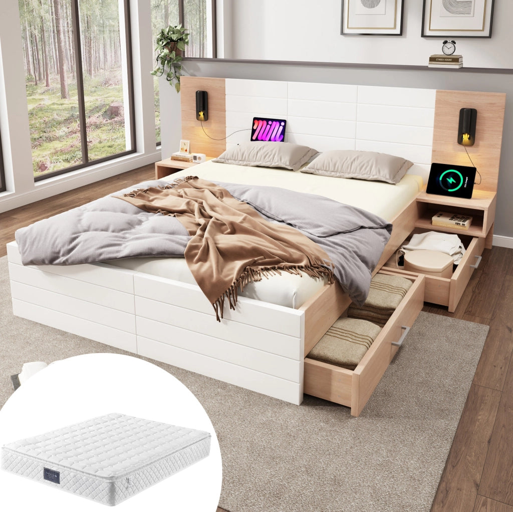 Letto matrimoniale 160 x 200 cm con cassetti, luce orientabile e ricarica USB