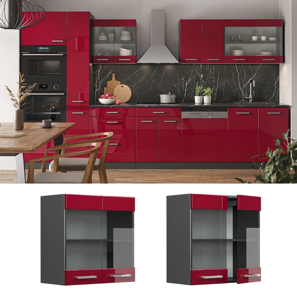 Mobile da cucina in vetro R-Line Rosso lucido/Antracite 60 cm Vicco