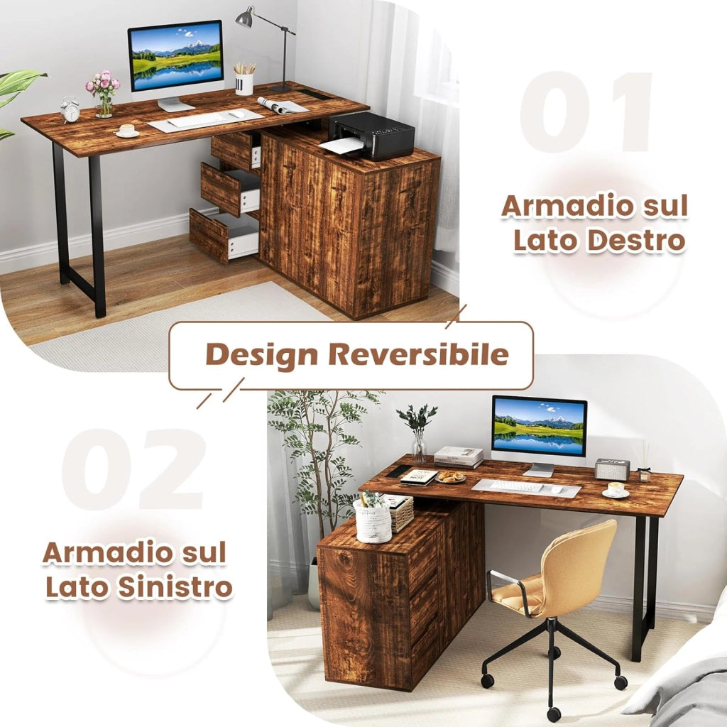 Scrivania Angolare a Forma di L con Presa di Corrente, Scrivania ad Angolo Salvaspazio e Reversibile con 3 Cassetti, Stazione da Lavoro per Ufficio a Casa (Marrone e Nero)