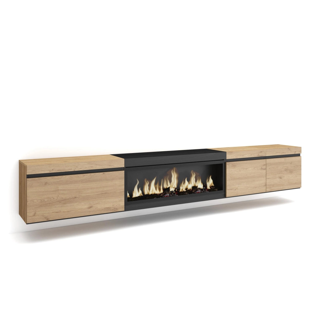 Mobile TV Soggiorno, 288x35x45cm, TV di grande formato, Camino elettrico XXL, da appendere, colore Rovere e nero RF3613