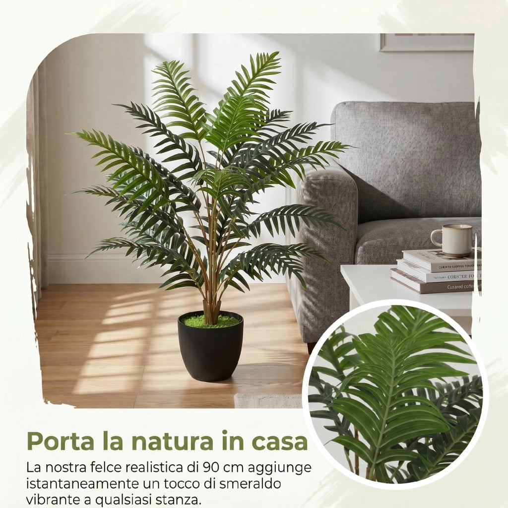 Pianta Artificiale Felce ¨C zephmum ¨C Verde 20 Foglie in PEVA Vaso Nero in PP e Cemento