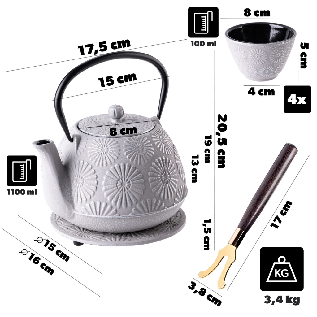 Teiera/Brocca in ghisa KADAX, ideale per tisane, 1100 ml, 4 tazze, colore grigio.
