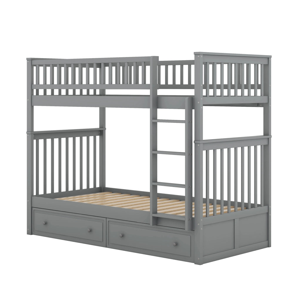 Letto a castello 90x200 cm trasformabile con 2 cassetti; sponde alte; legno e MDF grigio