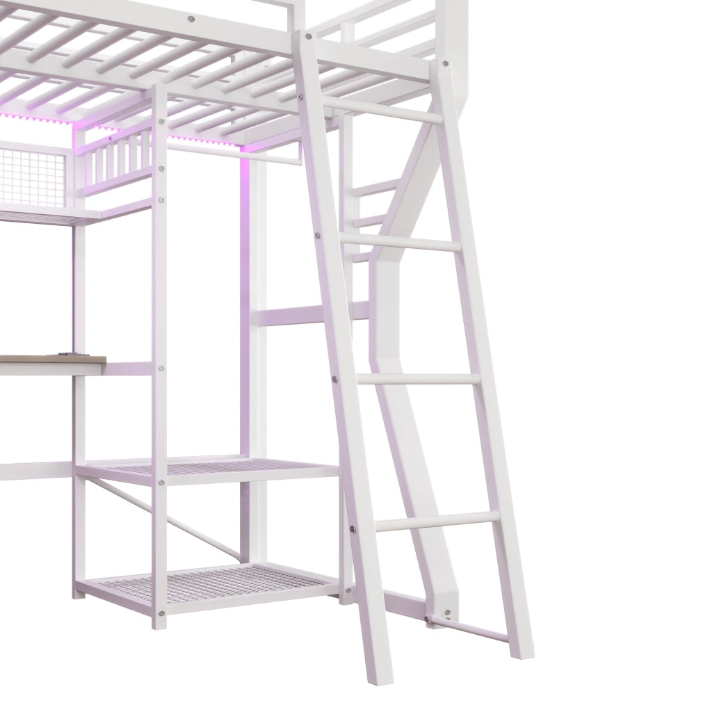 Letto a soppalco 90x200 cm bianco con scrivania, presa, luce LED e appendiabiti