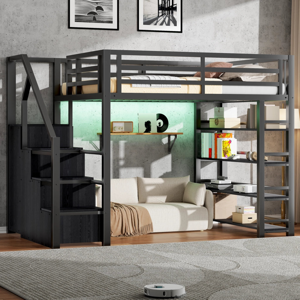 Letto a soppalco 140 × 200 cm con scaffale, armadio, scala contenitore e LED, senza materasso, nero