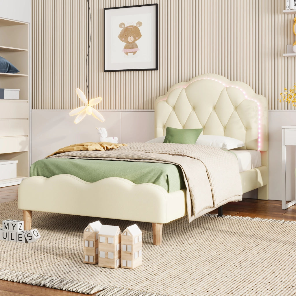 DESMIU Letto singolo 90 × 200 cm con LED multicolore, testiera ondulata e senza materasso, in PU beige